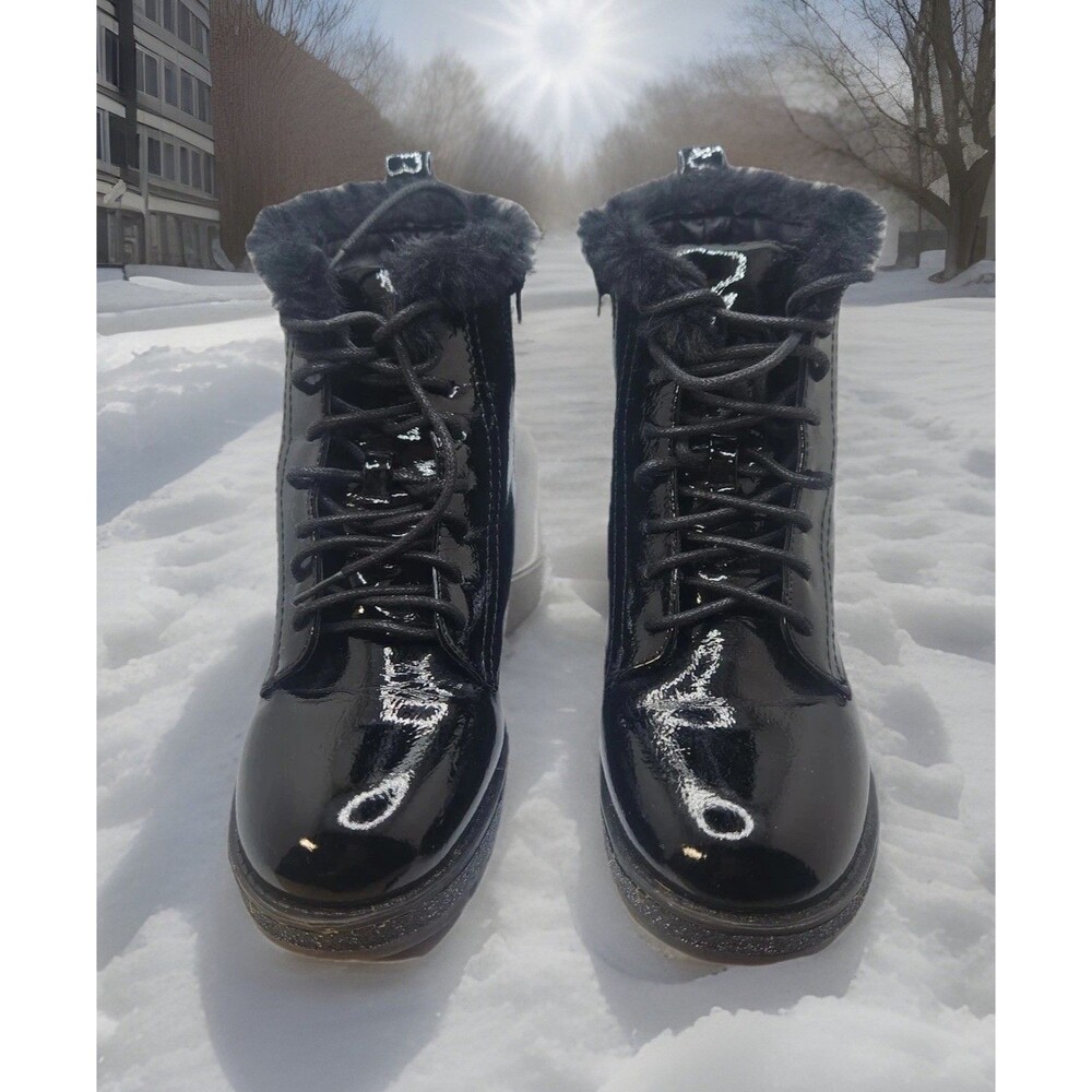 Mia Youth Girls Black Patent Fashion Boots Size 13 Black Glitter Accent Faux Fur